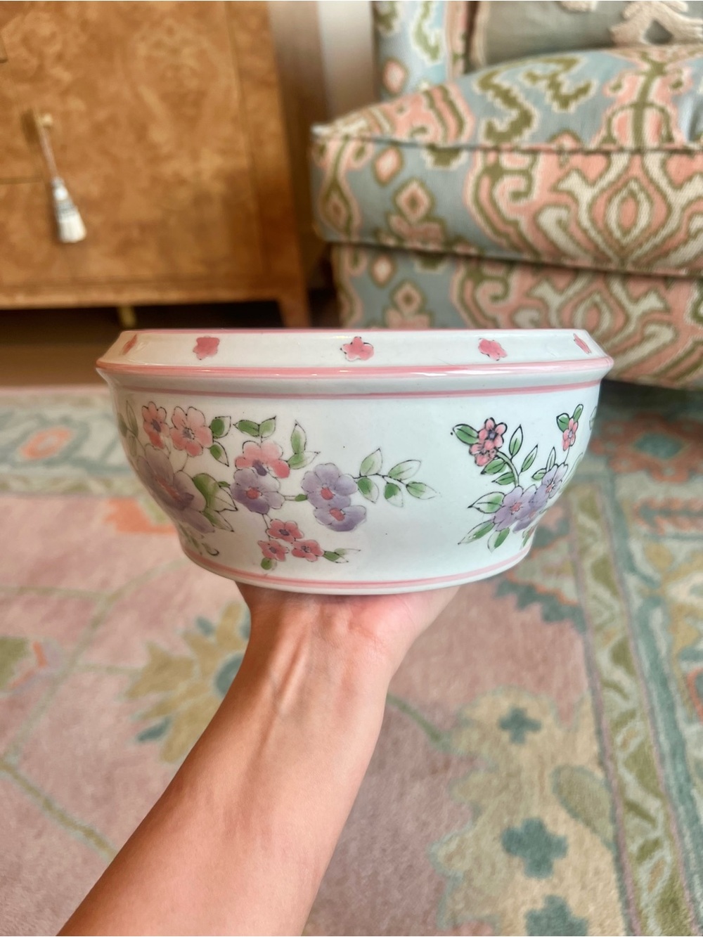 Floral Hand-Painted Chinoiserie Ceramic Planter in Pink & Lavender